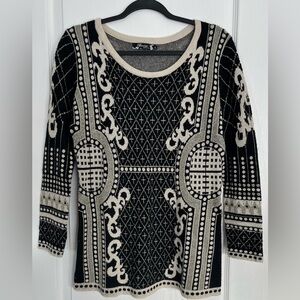 Bacci Black/Beige Gold Thread Patterned Tunic Sweater(10% Angora) Sz Lg